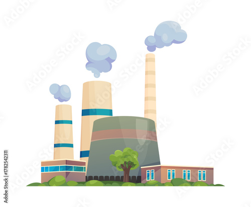 Power plant, station producing energy and electricity. Vector facility with nuclear reactor and control rods, steam generator and turbines. Factory or manufacturer, refinery with smoke from pipes