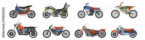 Collection of diverse motorbikes standing outdoors. Vector isolated sport motorcycles, touring models with luggage boxes and powerful cruiser bikes. Adventure and motion, independence and freedom