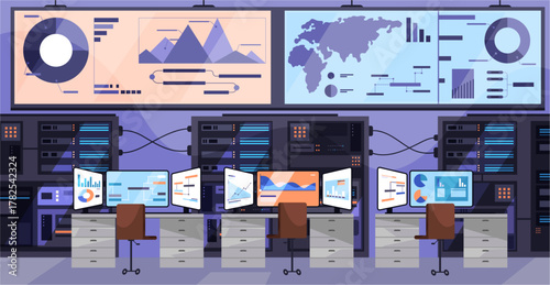 Hightech control room with digital screens and futuristic interfaces. Vector monitors display charts, graphs and analytical dashboards. Data visualization, system and technological supervision