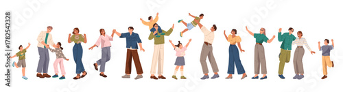 Happy families having fun and bonding together. Vector isolated parents and kids dancing and celebrating good news. Set of people, children and adults with glad faces, happiness and celebration
