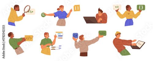 Programmers showing code blocks with different symbol. Vector software engineers developing programs. Web coding and data analysis, digital design and application development in technology workspace