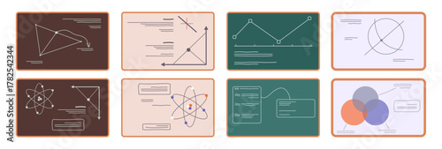 University or school blackboards filled with scientific and mathematical content. Vector charts and graphs, histograms and diagrams, tables and geometric shapes. Educational and academic setting