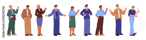 Business people set. Vector men and women in formal clothes giving presentation and pointing at board, holding papers or using pointer. Corporate training and coaching. Communication and education