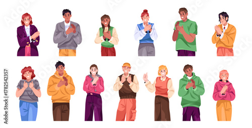 Groups of people clapping. Vector isolated set of diverse characters applauding together. Male and female personages handclapping. Greetings and success, motivation and encouragement