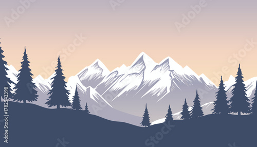 Snowy mountain landscape with trees in foreground and a pastel sky above