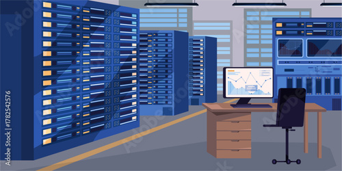 Data center workstation with rows of powerful servers and blinking LED indicators. Vector hightech environment for cloud computing and information processing. Cybersecurity, digital infrastructure