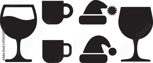 champagne bottle and glasses, Black Silhouettes Of Christmas Drinks And Hats On White background.