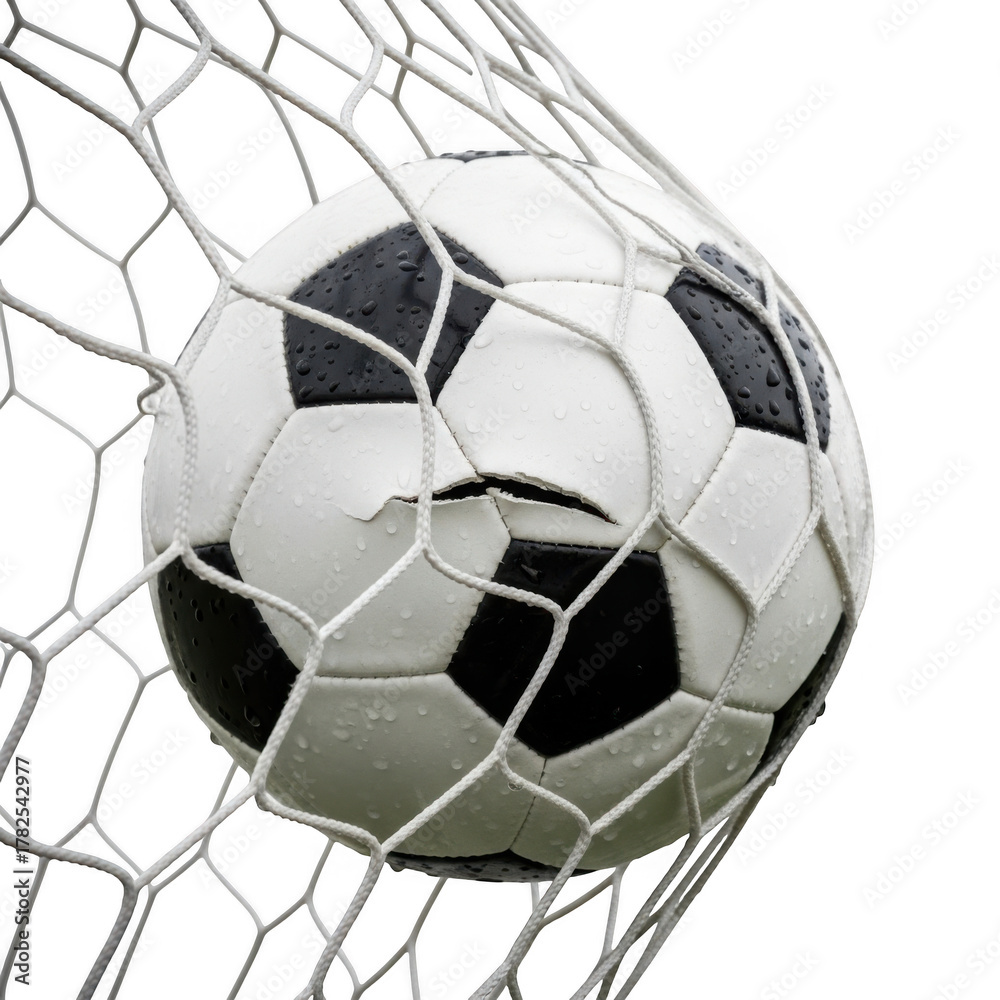 Naklejka premium 3d soccer ball in net isolated on transparent background