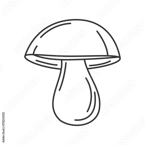 Line drawing of a mushroom with a round cap and a stem shaped like a teardrop