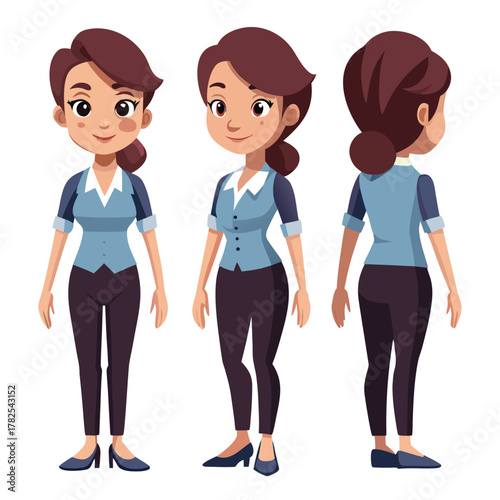 Business Woman Character – Front, Side, and Back View Vector Set