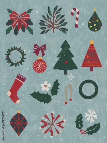 Festive flat illustration of various Christmas ornaments, trees, wreaths, holly, candy canes, and decorations on a snowy blue background.