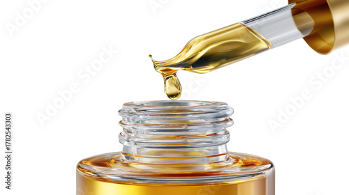 Golden Elixir: A macro shot captures the delicate dance of a single drop of golden oil as it prepares to anoint a vial, symbolizing purity and the promise of restoration.
