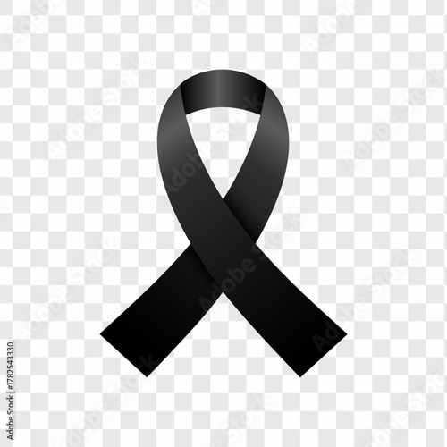 Black awareness ribbon symbol representing mourning, remembrance, melanoma awareness, and support for victims of violence and loss.