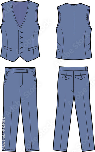 men’s formal outfit, vest and trousers sketch, fashion template, garment construction, tailoring illustration, technical drawing, apparel design, clothing blueprint