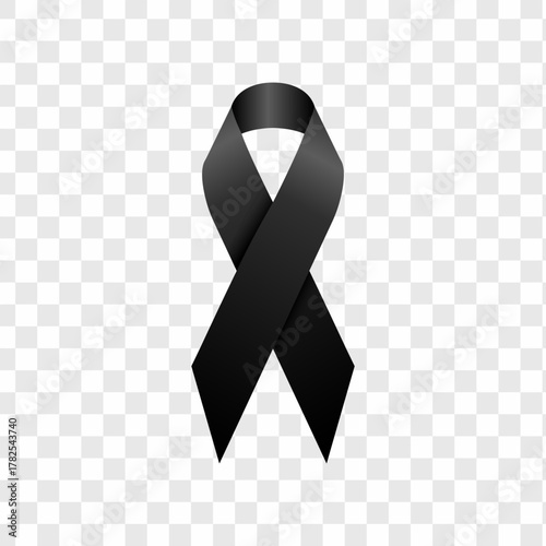 Black awareness ribbon symbol representing mourning, remembrance, melanoma awareness, and support for victims of violence and loss.