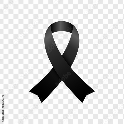 Black awareness ribbon symbol representing mourning, remembrance, melanoma awareness, and support for victims of violence and loss.