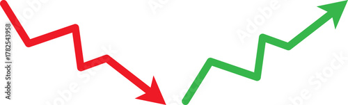 Red downward arrow and green upward arrow graph