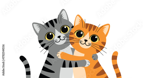 Sweet pair of cartoon tabby cats, one grey and one orange, embracing affectionately on a clean white background, radiating warmth.