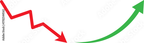 Red downward arrow and green upward arrow illustrating market trends
