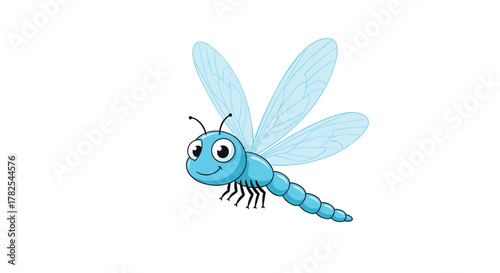 Delightful cartoon blue dragonfly, depicted with charming big eyes and delicate transparent wings, gracefully hovering on a pristine white background.