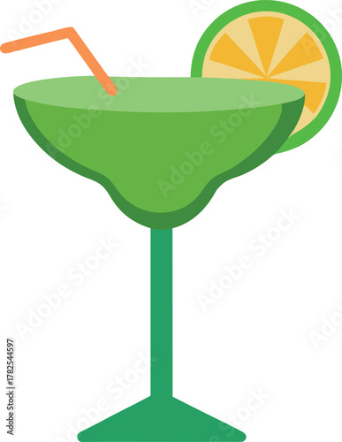 Green Margarita Cocktail Illustration with Straw and Citrus Garnish for Summer Party Design