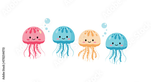 Colorful group of four adorable cartoon jellyfish, each with a cheerful smile and playful bubbles, swimming happily on a white background.