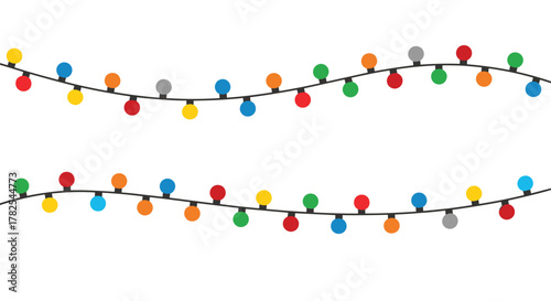 Festive display of two cheerful strings of colorful Christmas lights, twinkling brightly and ready to decorate any joyful holiday scene.