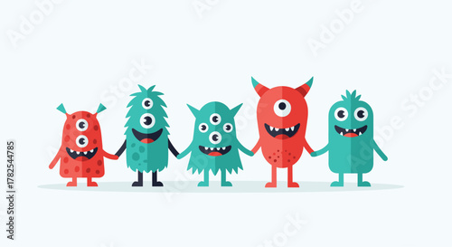 Charming group of five friendly cartoon monsters, holding hands in a delightful row, each boasting unique eyes and horns on a soft background.