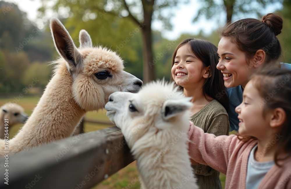 Obraz premium Happy family interacting with alpacas at a zoo. Mother and two daughters enjoy weekend activity at farm. Girls smiling touch fluffy animals. Family leisure outdoor with cute pets.