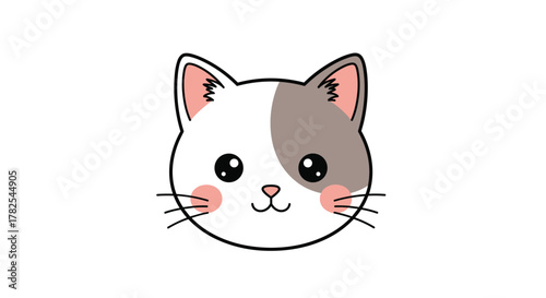 Sweet cartoon cat head, featuring a distinctive grey eye patch and rosy cheeks, emanating gentle charm with a tiny smile on a white background.