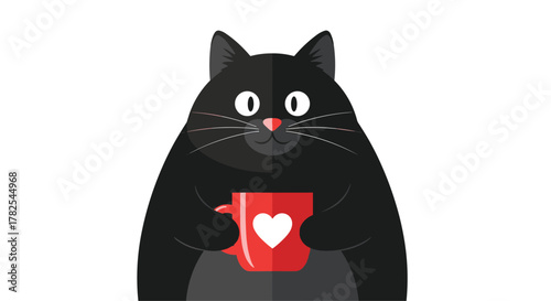 Charming chubby black cat, affectionately clutching a red mug adorned with a white heart, exuding warmth and coziness on a white background.