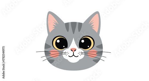 Adorable grey tabby cat face, featuring captivating big yellow eyes and charming rosy cheeks, radiating sweetness on a clean white background.