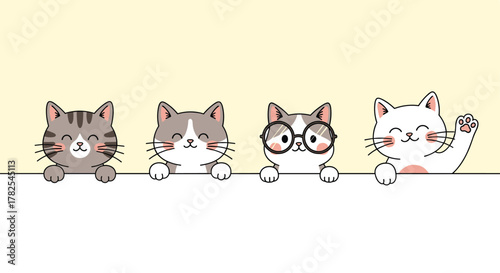 Delightful quartet of charming cartoon cat heads, showcasing diverse personalities and expressions, peeking playfully over a white board.