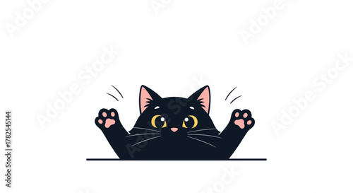 Joyful chubby black cat, peeking mischievously over a hidden surface, enthusiastically raising its paws in a playful, happy gesture.