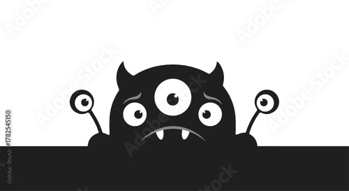 Melancholy black silhouette monster, featuring horns, multiple eyes, and long antennae, peeking timidly over a dark surface on a white background.