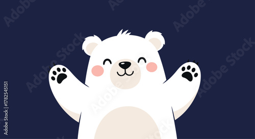Affectionate cartoon polar bear, with charming rosy cheeks and outstretched paws, ready to offer a warm hug against a deep blue background.