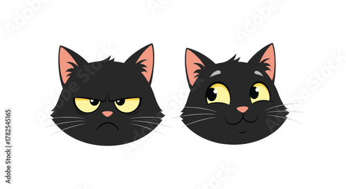 Contrasting pair of black cat faces, depicting one with an angry, grumpy expression and another with a happy, curious gaze on a white background.