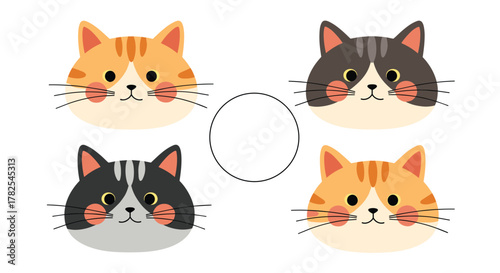 Delightful arrangement of four cartoon cat faces, featuring both orange and grey tabby variations, surrounding an empty circle on a white background.