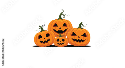 Festive cluster of four unique jack-o'-lanterns, varying in size and featuring creatively carved spooky and smiling faces on a white background.