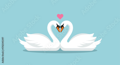 Elegant pair of white swans gracefully forming a heartfelt shape with their necks, accompanied by a pink heart on a serene light blue background.