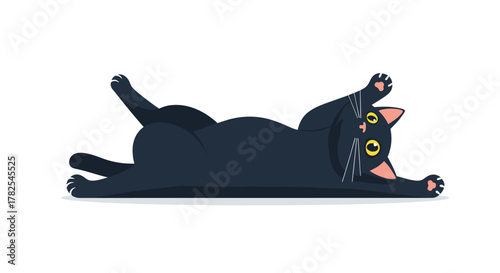 Playful black cat, lounging on its back with paws whimsically raised, gazing intently at the viewer with bright, curious eyes on a white background.