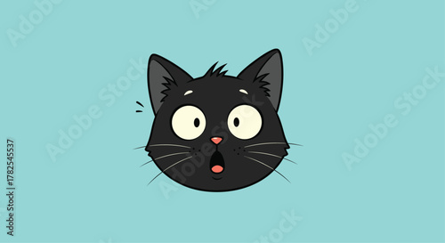 Startled black cat face, featuring wide-open eyes and an astonished expression, rendered clearly on a calm light blue background.