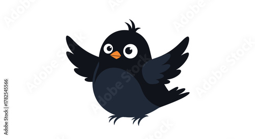 Charming cartoon black bird, with wide, innocent eyes and wings joyfully outstretched, ready for flight on a pristine white background.