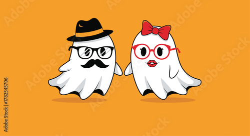 Fashionable duo of cartoon ghosts, a dapper gentleman with a hat and mustache, and a stylish lady with a bow, holding hands on an orange background.