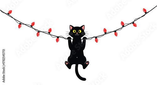 Playful black cat with luminous yellow eyes, mischievously hanging from a vibrant string of red Christmas lights, exuding holiday cheer.