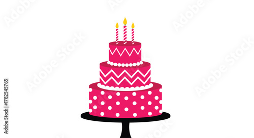 Magnificent three-tiered pink birthday cake, adorned with glowing candles, charming polka dots, and stylish zig-zag patterns on a white background.