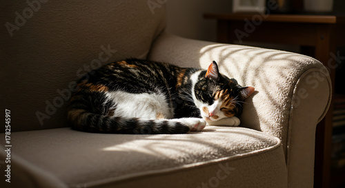 Calico Cat Napping on Armchair in Sunlight
