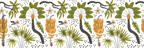 Jungle pattern with funky tropic leaves banana flowers and tropical palm design.