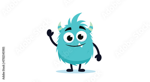Whimsical turquoise fluffy monster with cute small horns and one expressive eye, happily waving its hand, perfect for kid-friendly designs and playful themes.