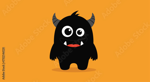 Adorable fluffy black monster with two horns, wide cheerful eyes, and an open mouth revealing a pink tongue and tiny fangs, set against a vibrant orange background.